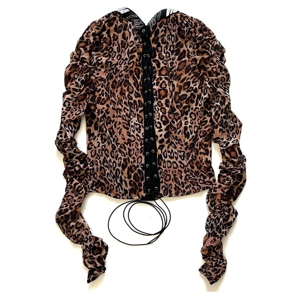 I.AM.GIA Long Sleeve Chelsea Leopard Corset Top XS Lace Up Back Ruched Sleeves - Picture 8 of 11